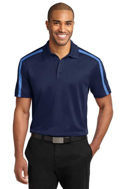 Port Authority Silk Touch Performance Colorblock Stripe Polo. K547 Navy/ Carolina Blue