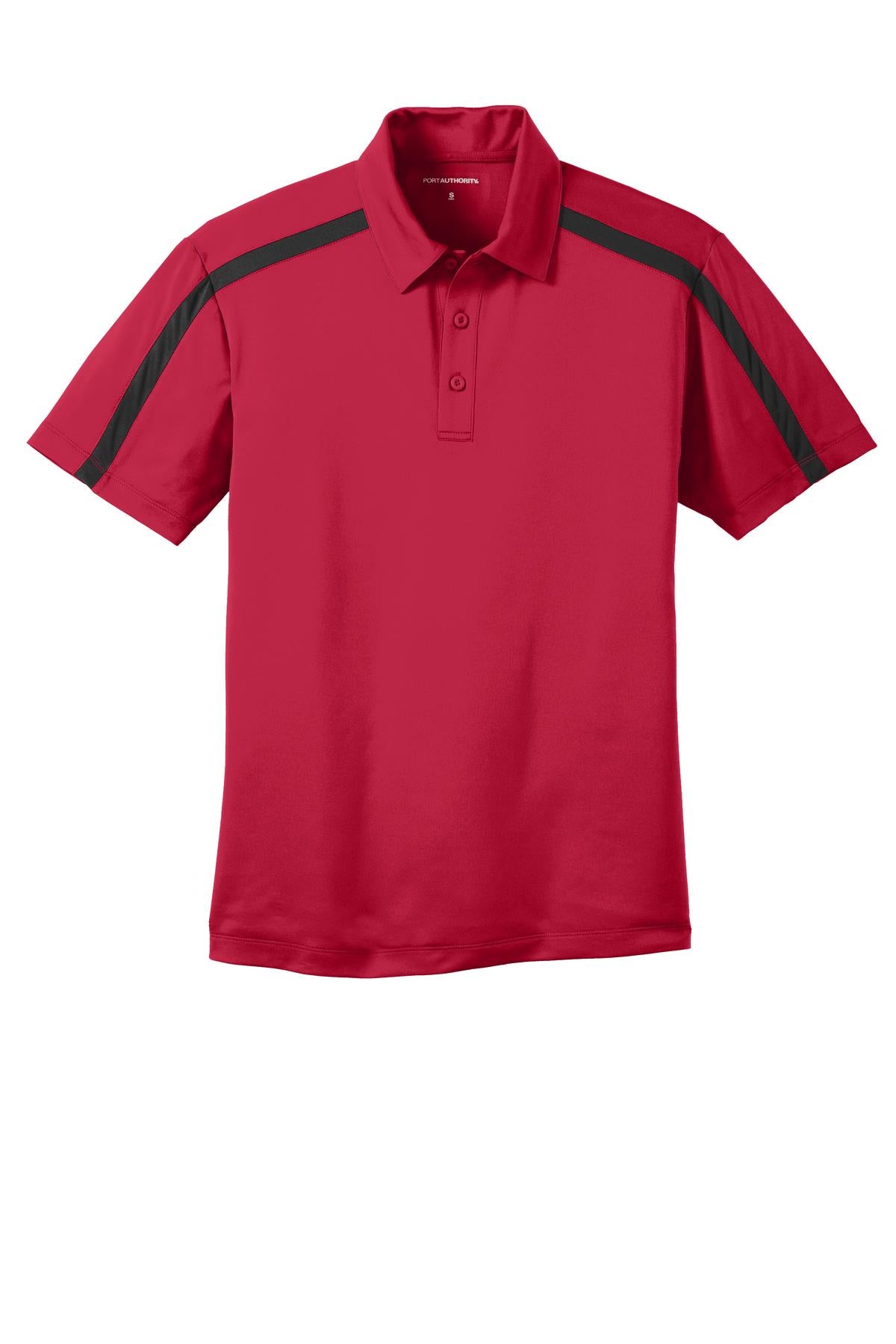 Port Authority Silk Touch Performance Colorblock Stripe Polo. K547 Red/ Black