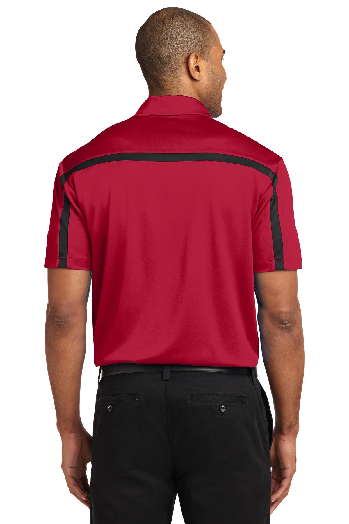 Port Authority Silk Touch Performance Colorblock Stripe Polo. K547 Red/ Black