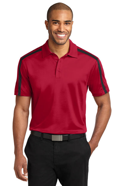 Port Authority Silk Touch Performance Colorblock Stripe Polo. K547 Red/ Black