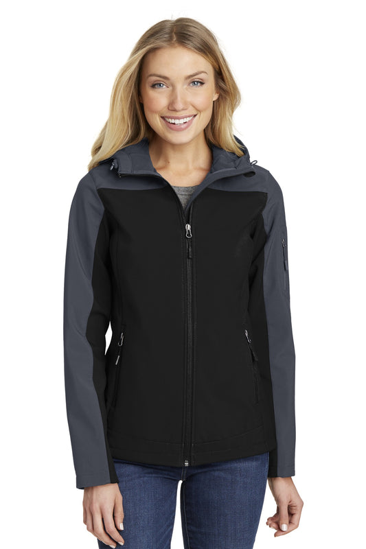 Port Authority Women's Hooded Core Soft Shell Jacket. L335 Black/ Battleship Grey