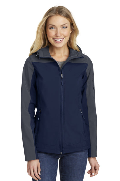 Port Authority Women's Hooded Core Soft Shell Jacket. L335 Dress Blue Navy/ Battleship Grey