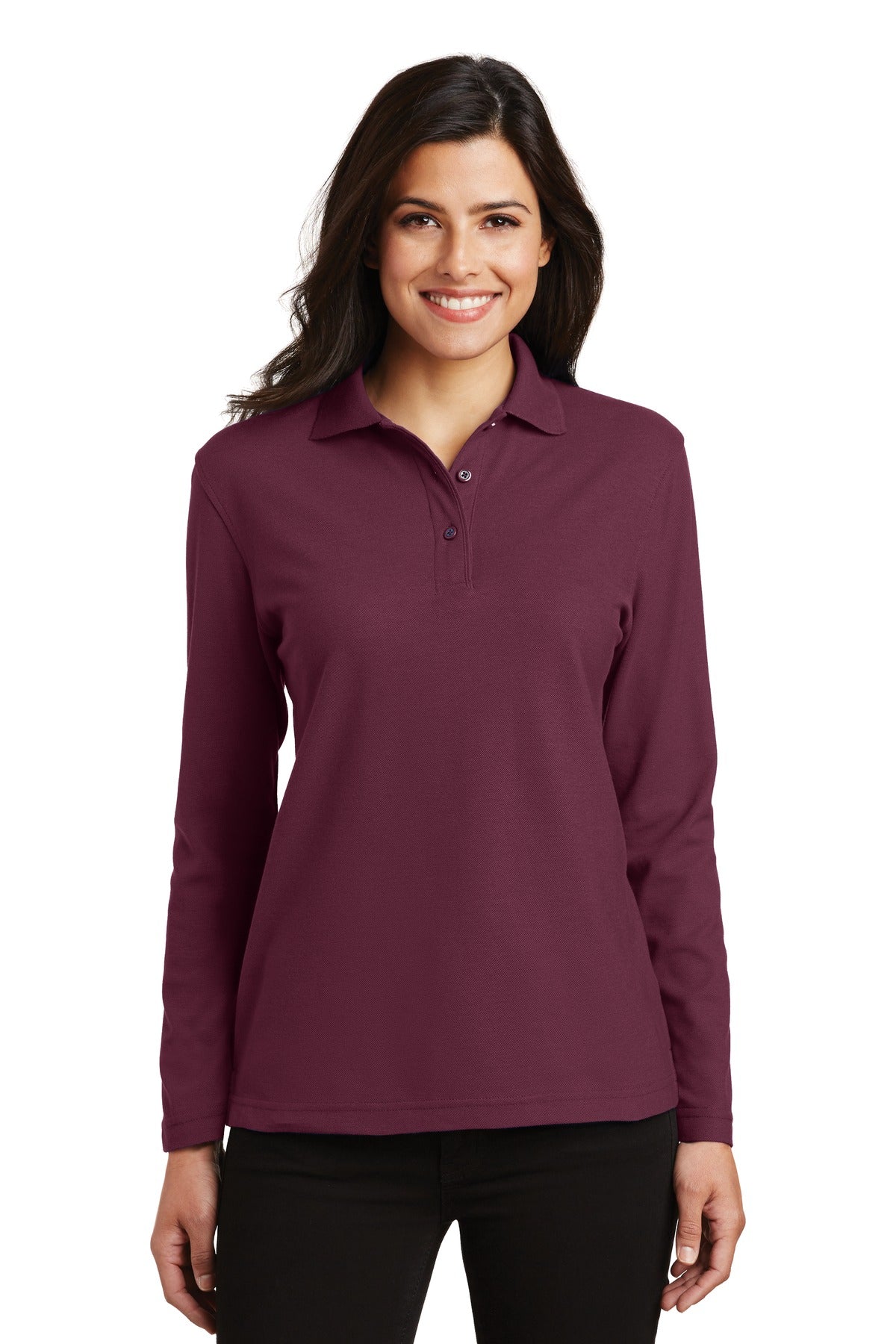 Port Authority Women's Silk Touch Long Sleeve Polo.  L500LS Burgundy