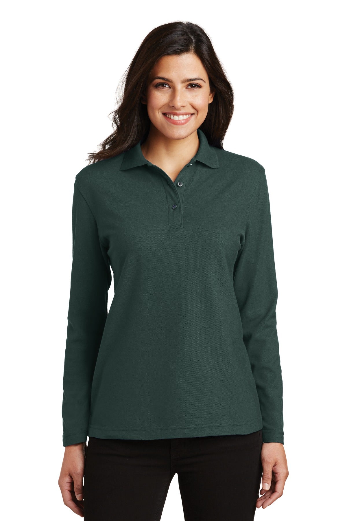 Port Authority Women's Silk Touch Long Sleeve Polo.  L500LS Dark Green