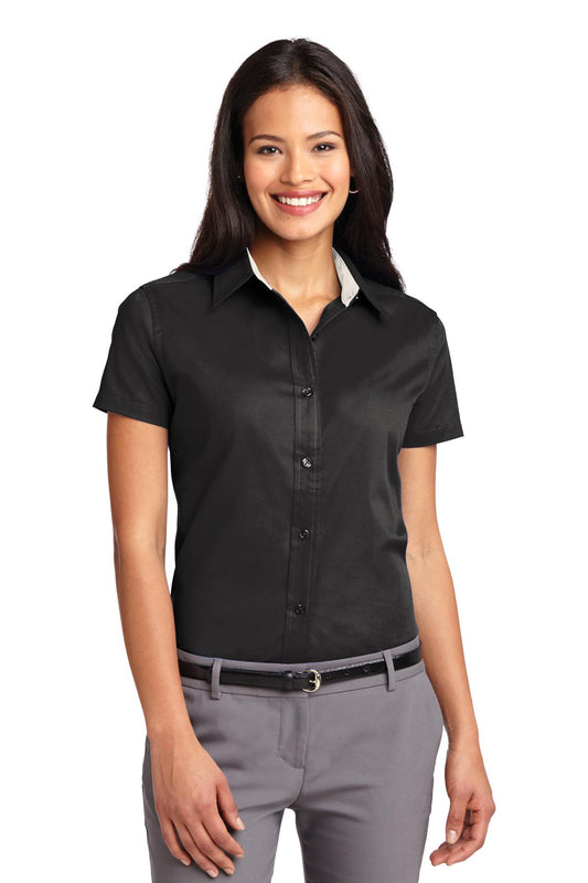 Port Authority Women's Short Sleeve Easy Care  Shirt.  L508 Black/ Light Stone