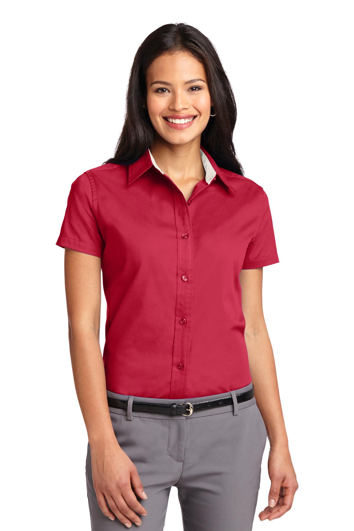 Port Authority Women's Short Sleeve Easy Care  Shirt.  L508 Red/ Light Stone