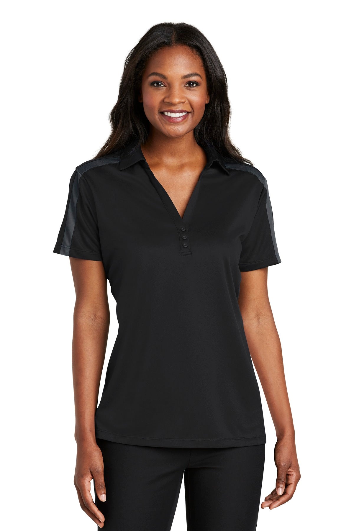 Port Authority Women's Silk Touch Performance Colorblock Stripe Polo L547 Black/ Steel Grey
