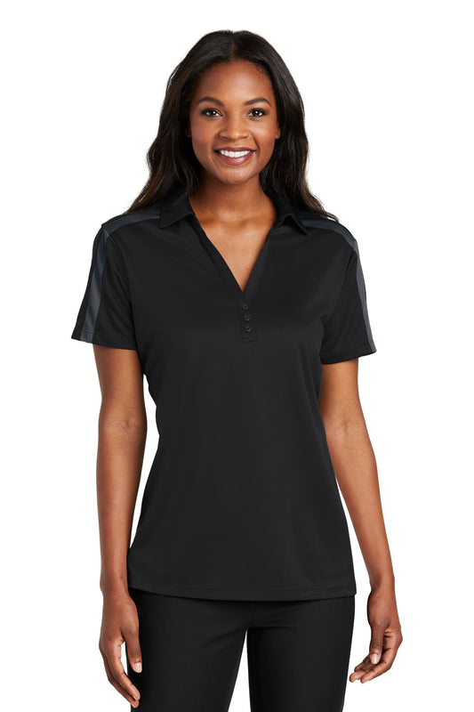 Port Authority Women's Silk Touch Performance Colorblock Stripe Polo. L547 Black/ Steel Grey
