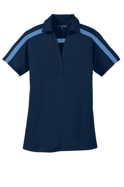 Port Authority Women's Silk Touch Performance Colorblock Stripe Polo. L547 Navy/ Carolina Blue