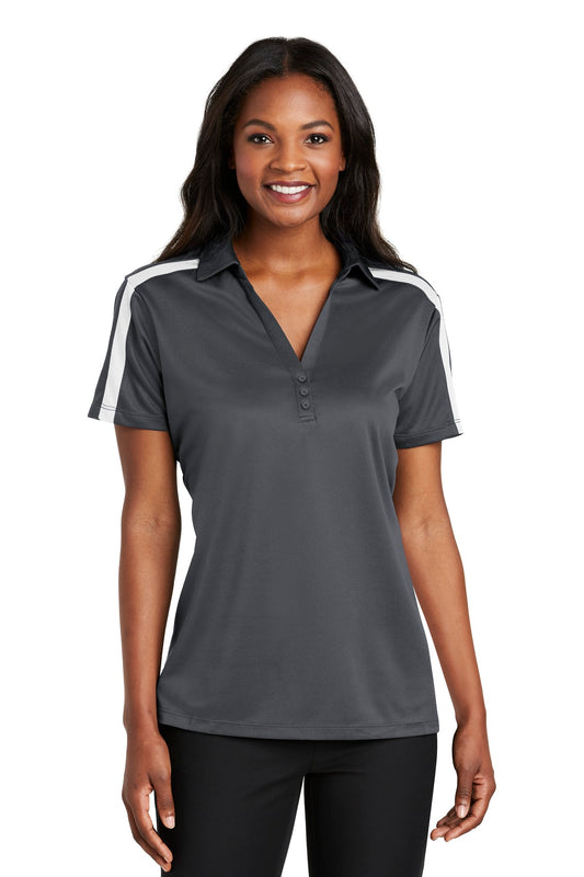 Port Authority Women's Silk Touch Performance Colorblock Stripe Polo. L547 Steel Grey/ White
