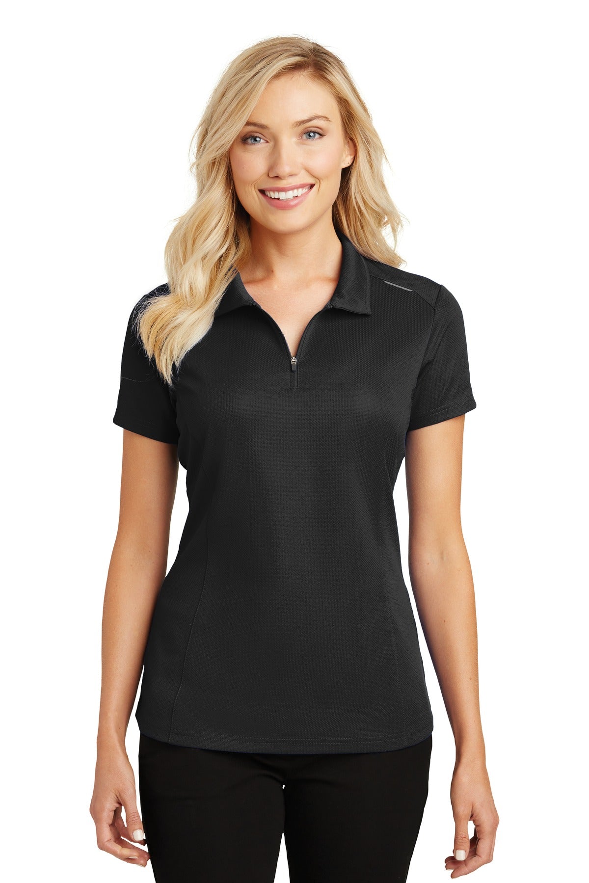 Port Authority Women's Pinpoint Mesh Zip Polo. L580 Black