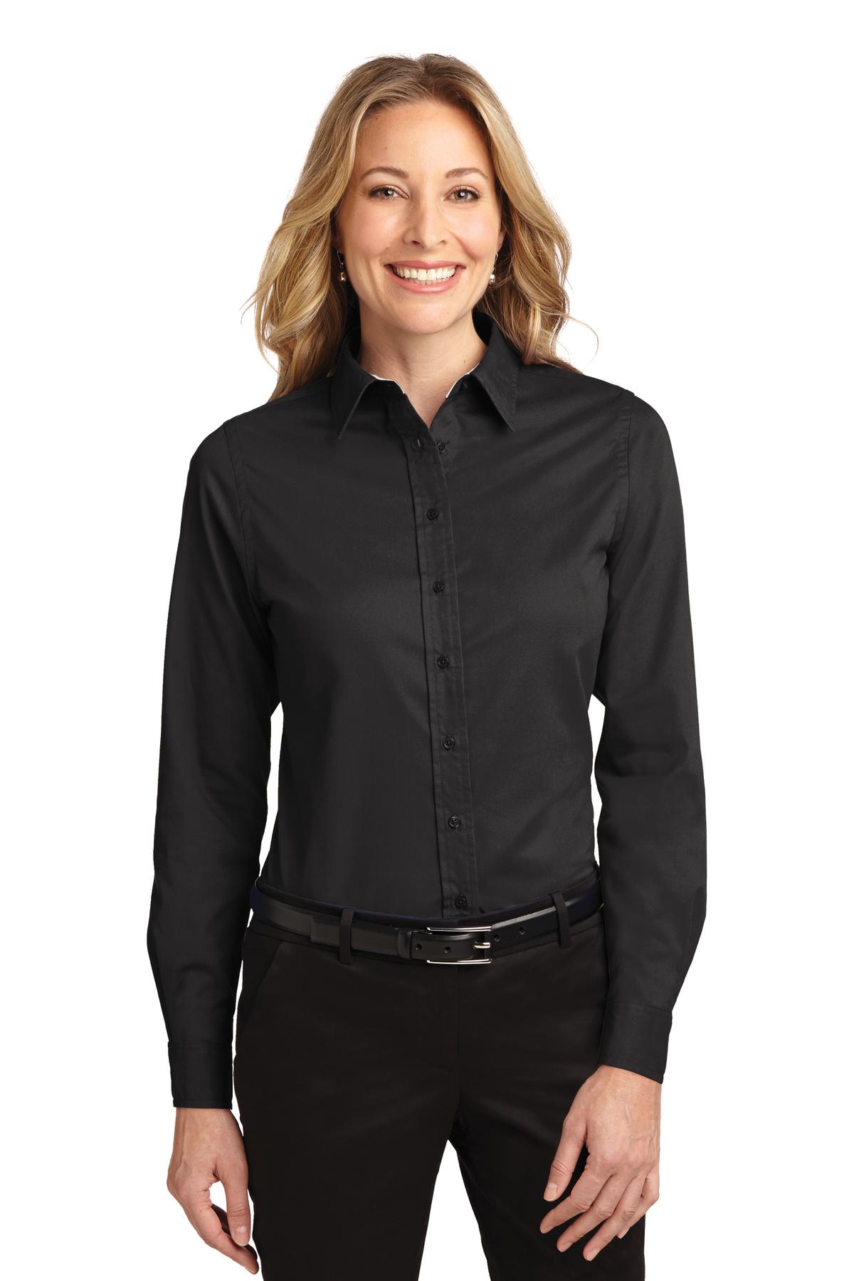 Port Authority Women's Long Sleeve Easy Care Shirt.  L608 Black/ Light Stone