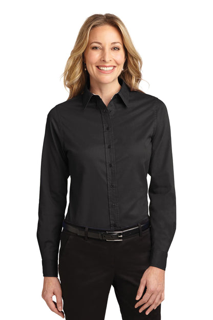 Port Authority Women's Long Sleeve Easy Care Shirt.  L608 Black/ Light Stone