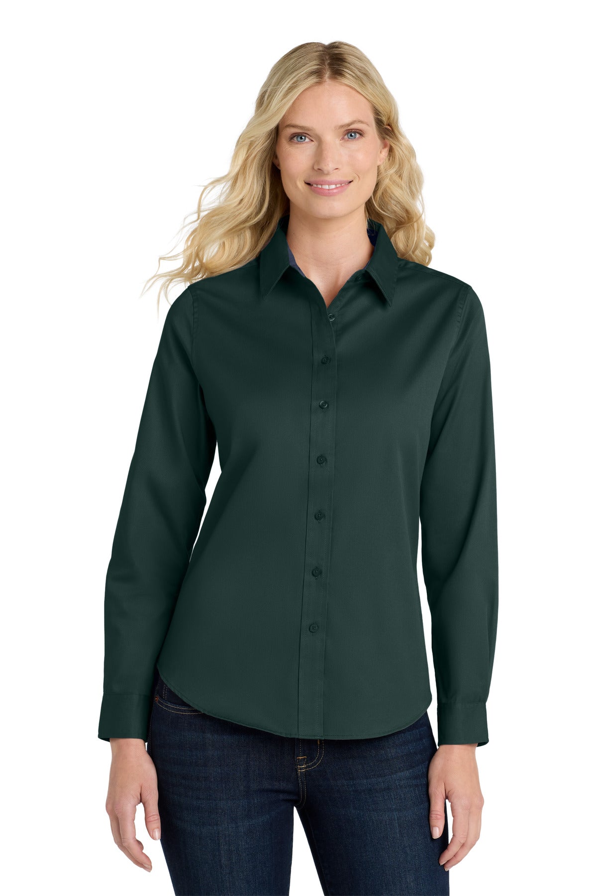 Port Authority Women's Long Sleeve Easy Care Shirt L608 Dark Green/ Navy