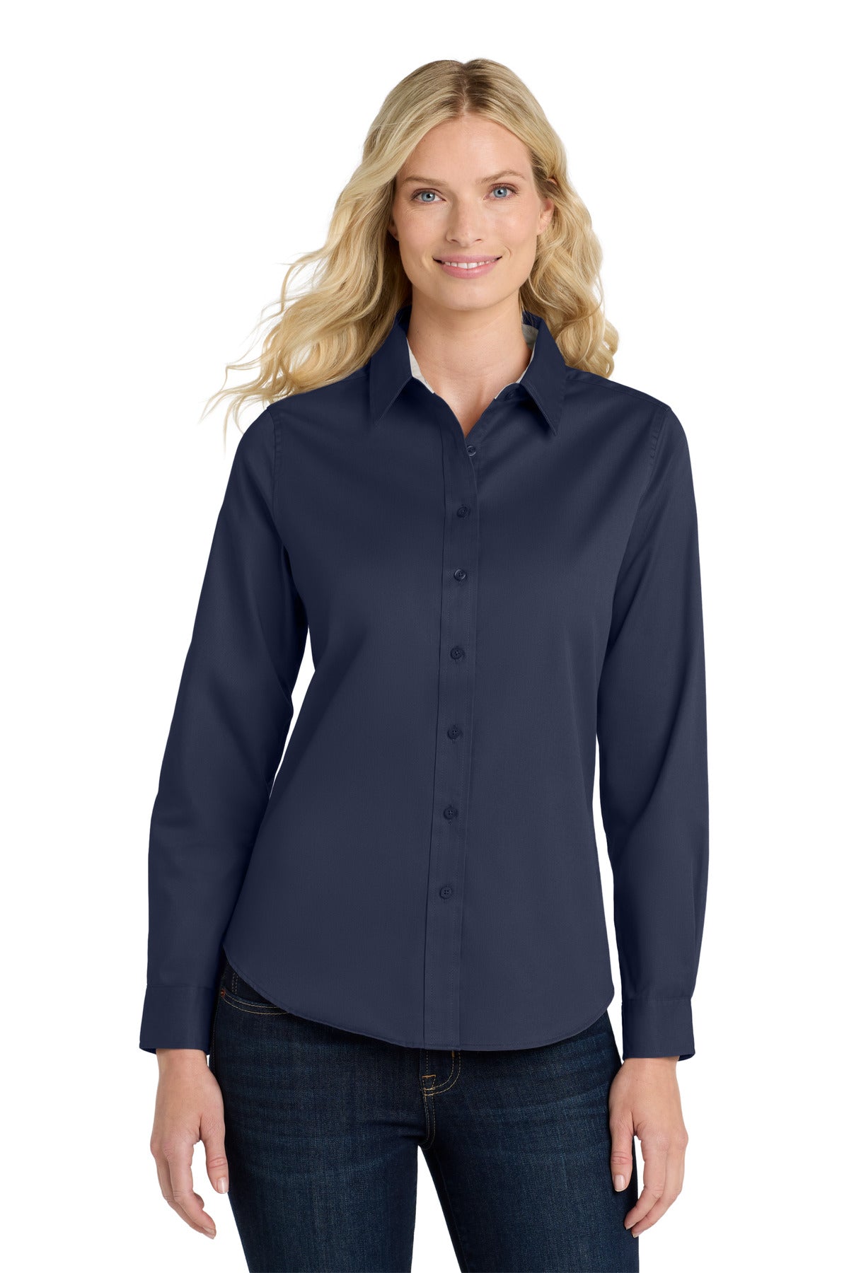 Port Authority Women's Long Sleeve Easy Care Shirt L608 Navy/ Light Stone