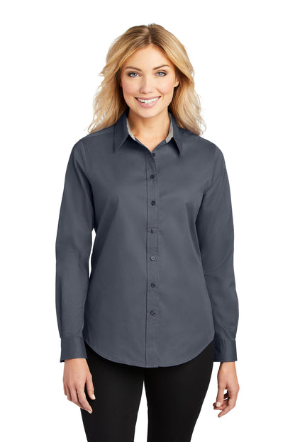 Port Authority Women's Long Sleeve Easy Care Shirt.  L608 Steel Grey/ Light Stone