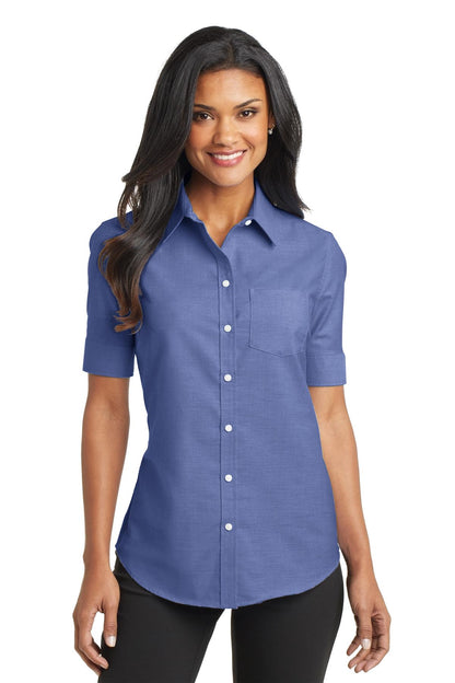 Port Authority Women's Short Sleeve SuperPro Oxford Shirt. L659 Navy