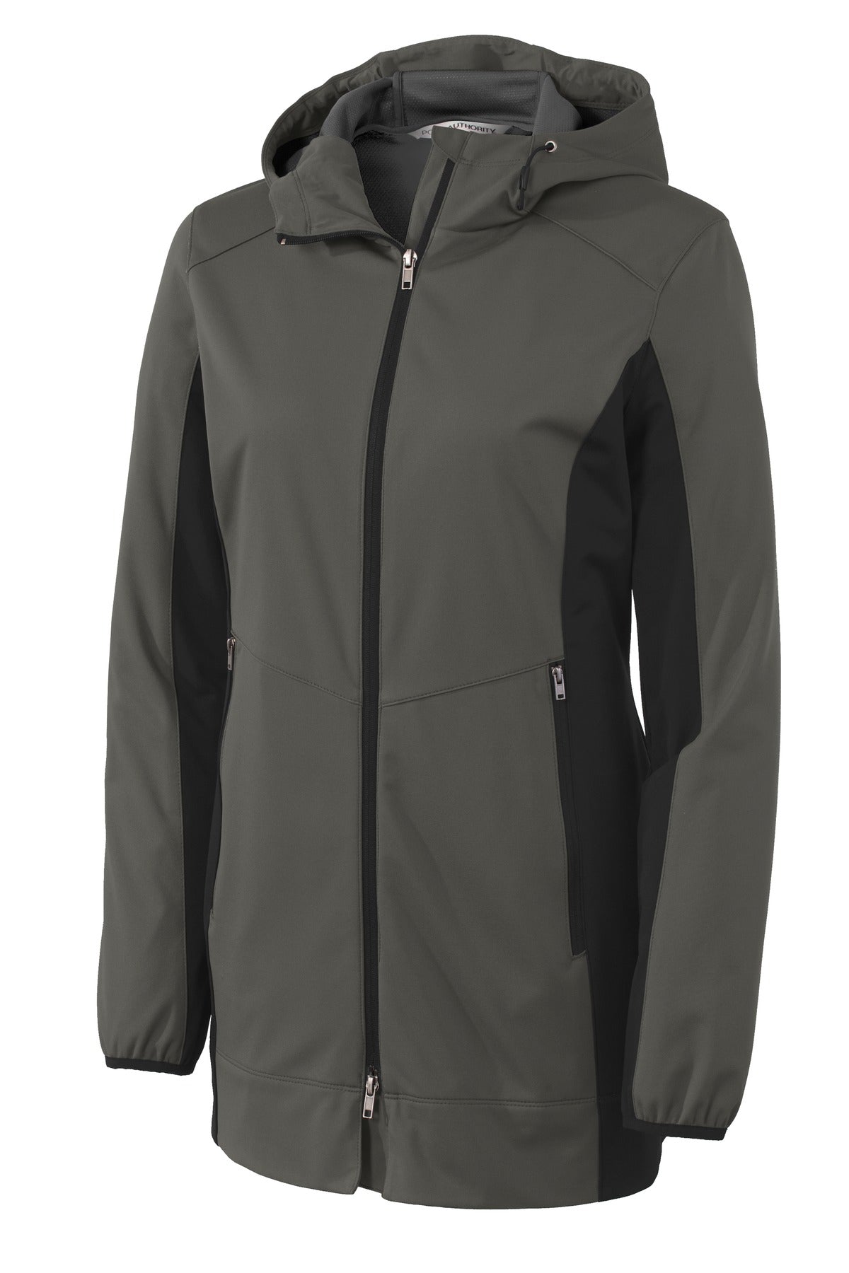 Port Authority Women's Active Hooded Soft Shell Jacket. L719 Grey Steel/ Deep Black