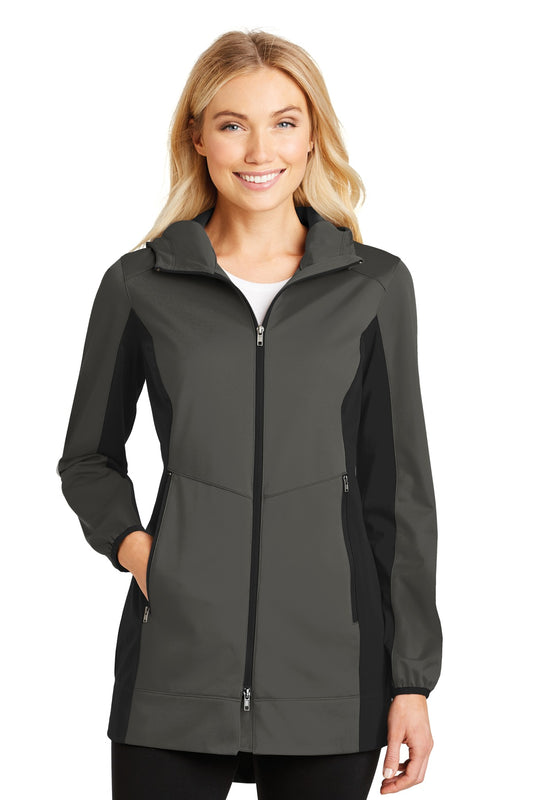 Port Authority Women's Active Hooded Soft Shell Jacket. L719 Grey Steel/ Deep Black