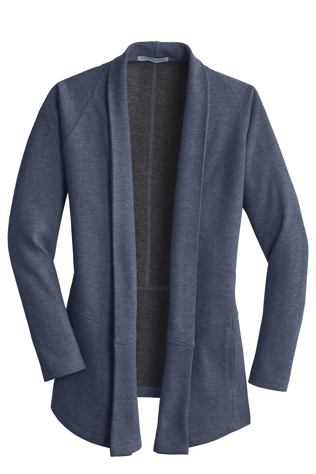 Port Authority Women's Interlock Cardigan. L807 Estate Blue Heather/ Charcoal Heather