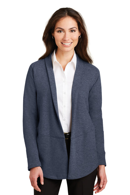 Port Authority Women's Interlock Cardigan. L807 Estate Blue Heather/ Charcoal Heather