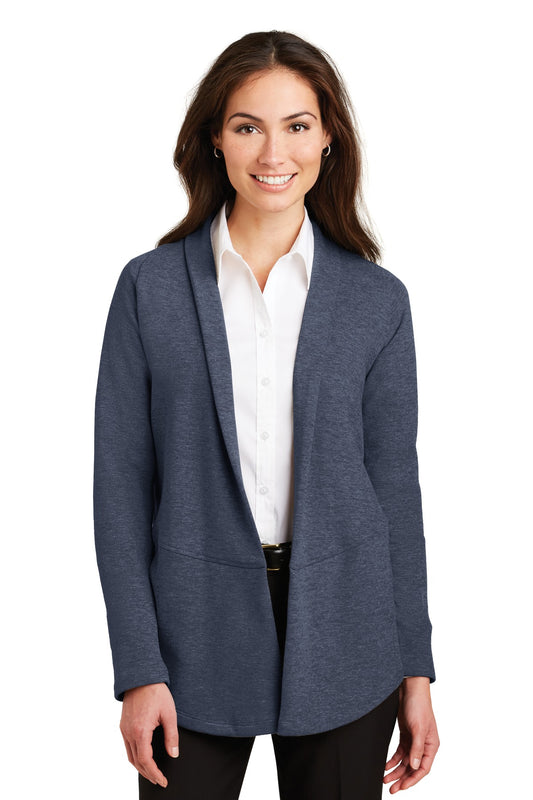 Port Authority Women's Interlock Cardigan. L807 Estate Blue Heather/ Charcoal Heather