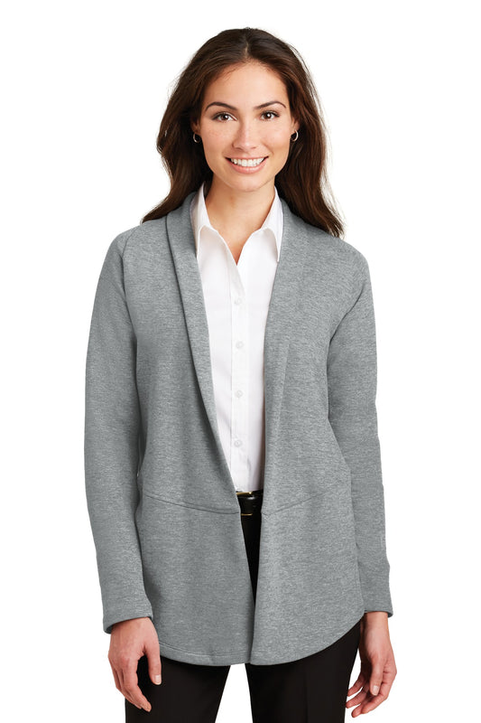 Port Authority Women's Interlock Cardigan. L807 Medium Heather Grey/ Charcoal Heather