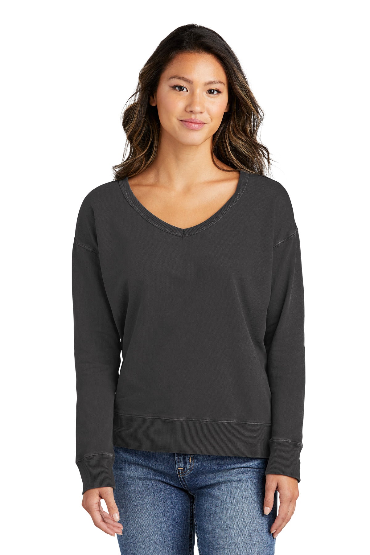 Port & Company Women's Beach Wash Garment-Dyed V-Neck Sweatshirt LPC098V Coal