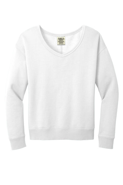 Port & Company Women's Beach Wash Garment-Dyed V-Neck Sweatshirt LPC098V White