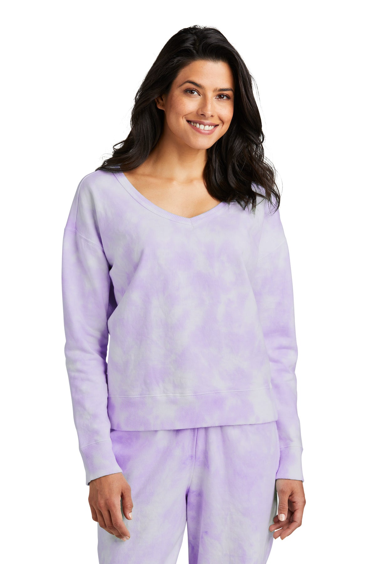 Port & Company Women's Beach Wash Cloud Tie-Dye V-Neck Sweatshirt LPC140V Amethyst