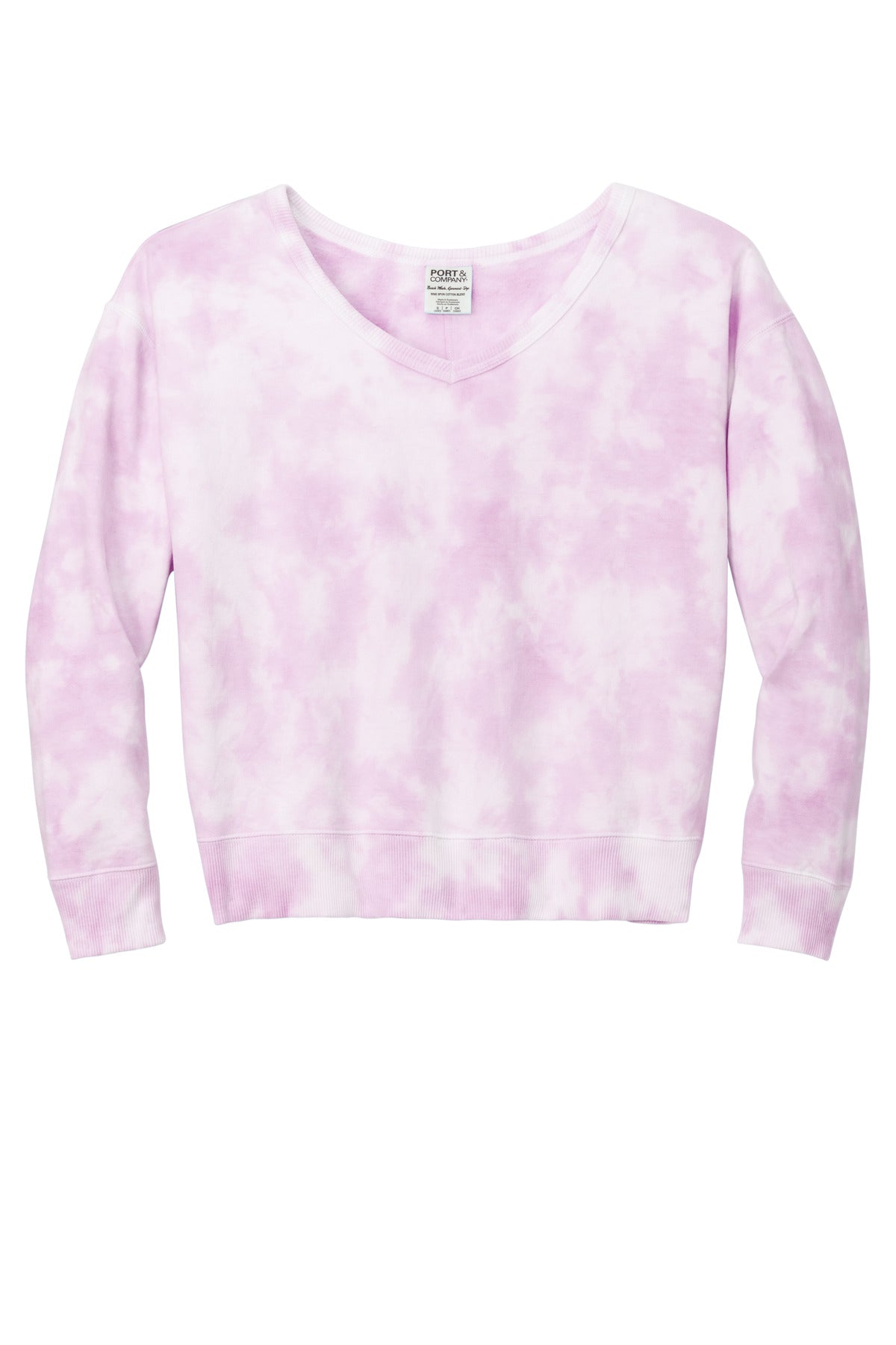 Port & Company Women's Beach Wash Cloud Tie-Dye V-Neck Sweatshirt LPC140V Cerise Pink