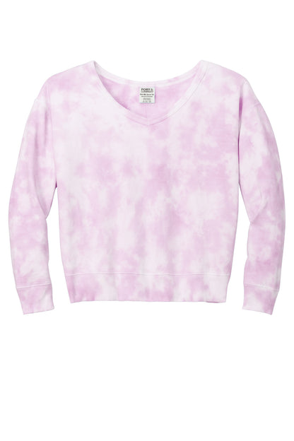 Port & Company Women's Beach Wash Cloud Tie-Dye V-Neck Sweatshirt LPC140V Cerise Pink