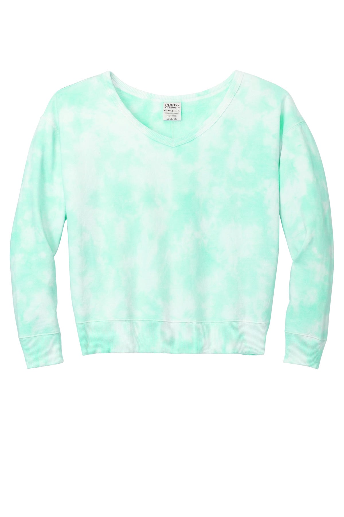 Port & Company Women's Beach Wash Cloud Tie-Dye V-Neck Sweatshirt LPC140V Cool Mint