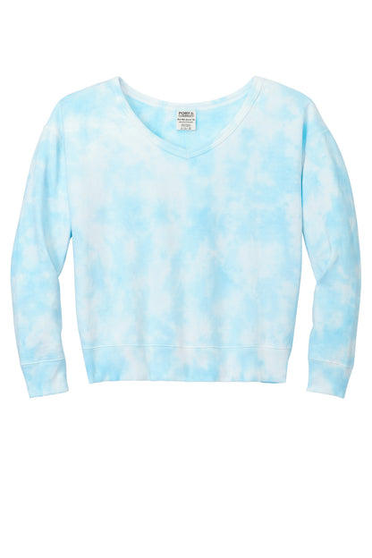 Port & Company Women's Beach Wash Cloud Tie-Dye V-Neck Sweatshirt LPC140V Glacier
