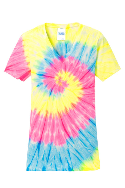 Port & Company Women's Tie-Dye V-Neck Tee.  LPC147V Neon Rainbow
