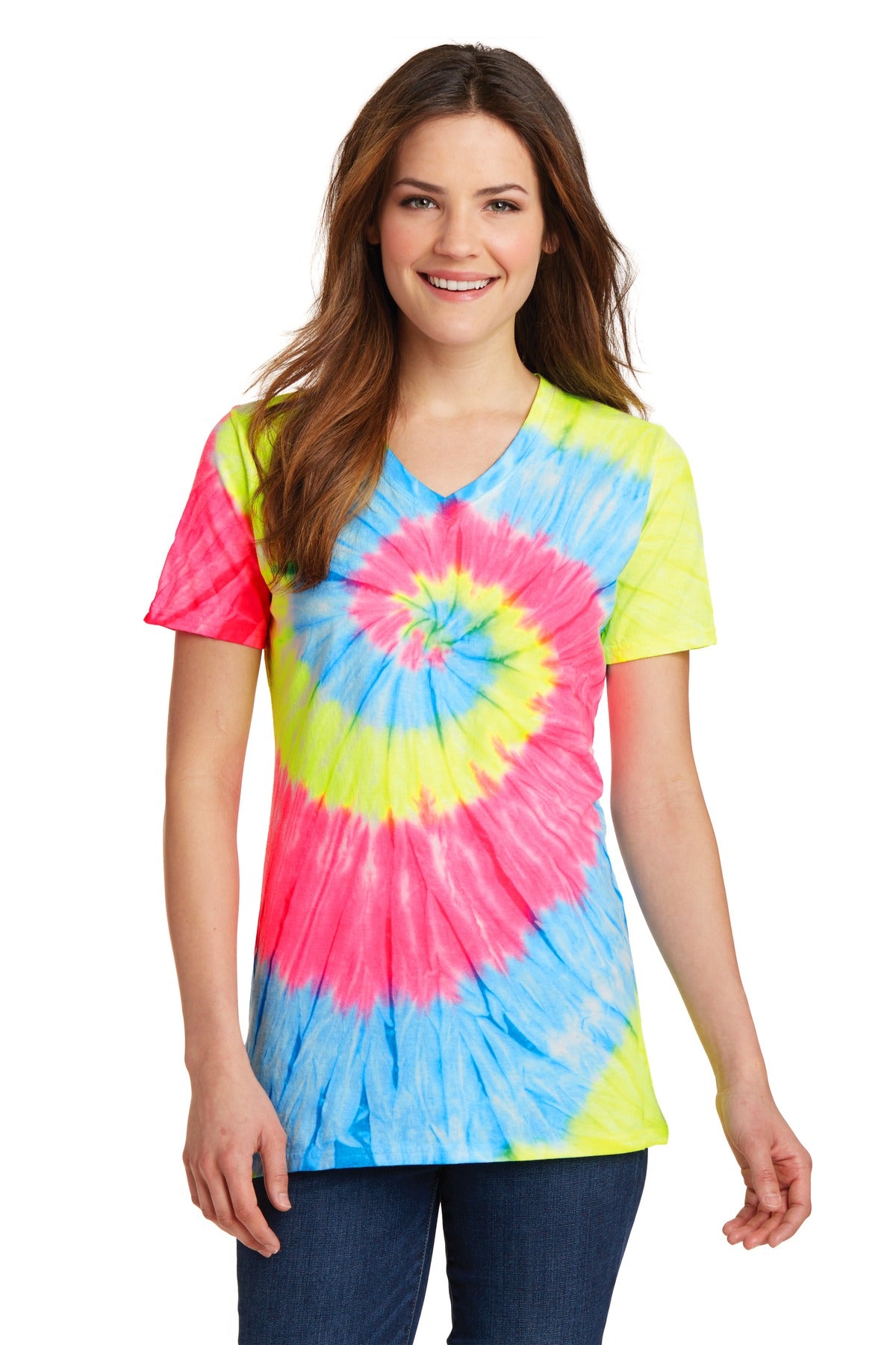 Port & Company Women's Tie-Dye V-Neck Tee.  LPC147V Neon Rainbow