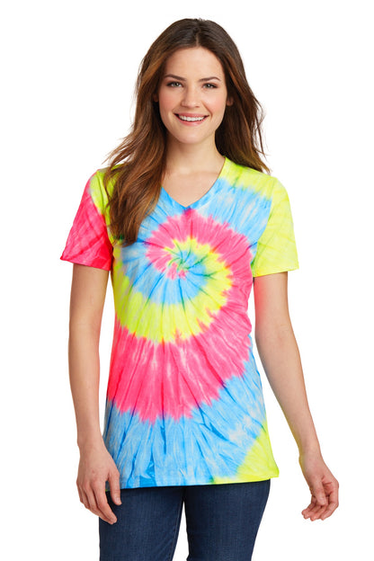 Port & Company Women's Tie-Dye V-Neck Tee.  LPC147V Neon Rainbow