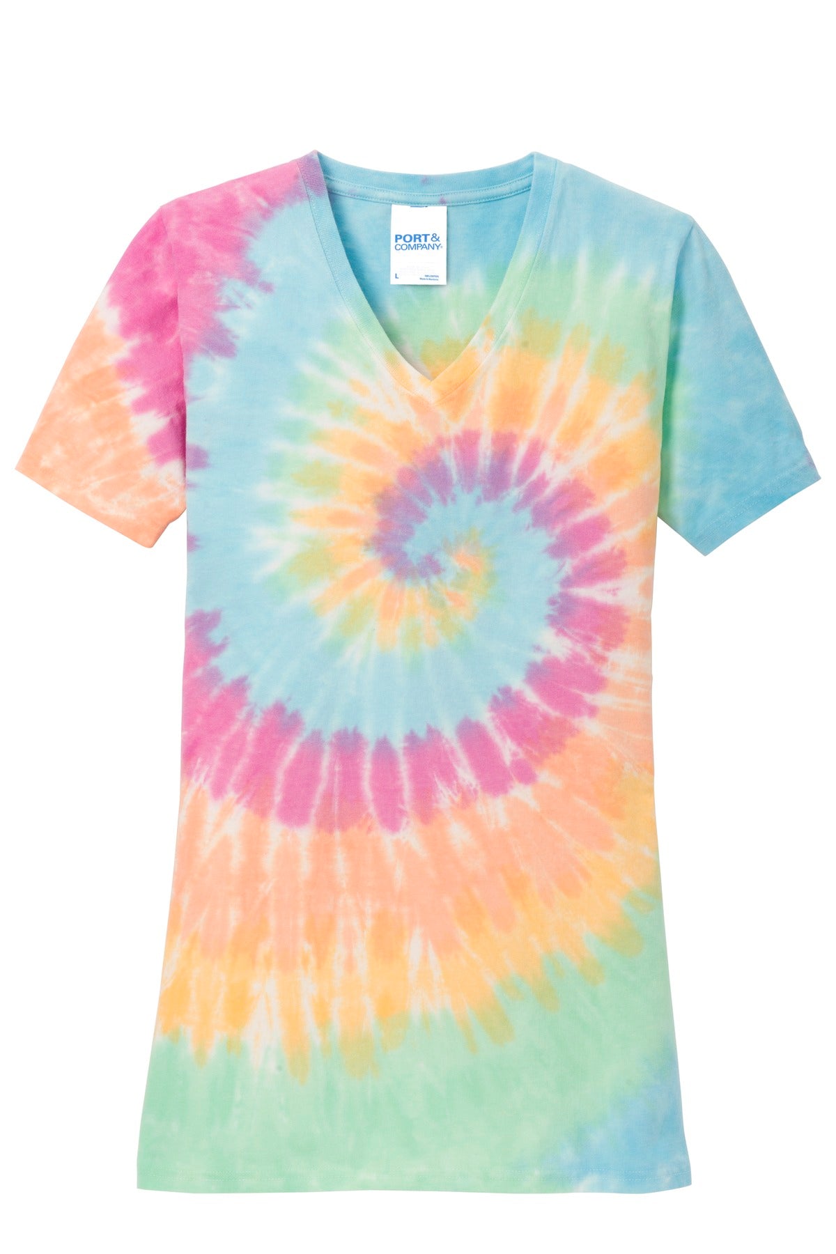 Port & Company Women's Tie-Dye V-Neck Tee.  LPC147V Pastel Rainbow