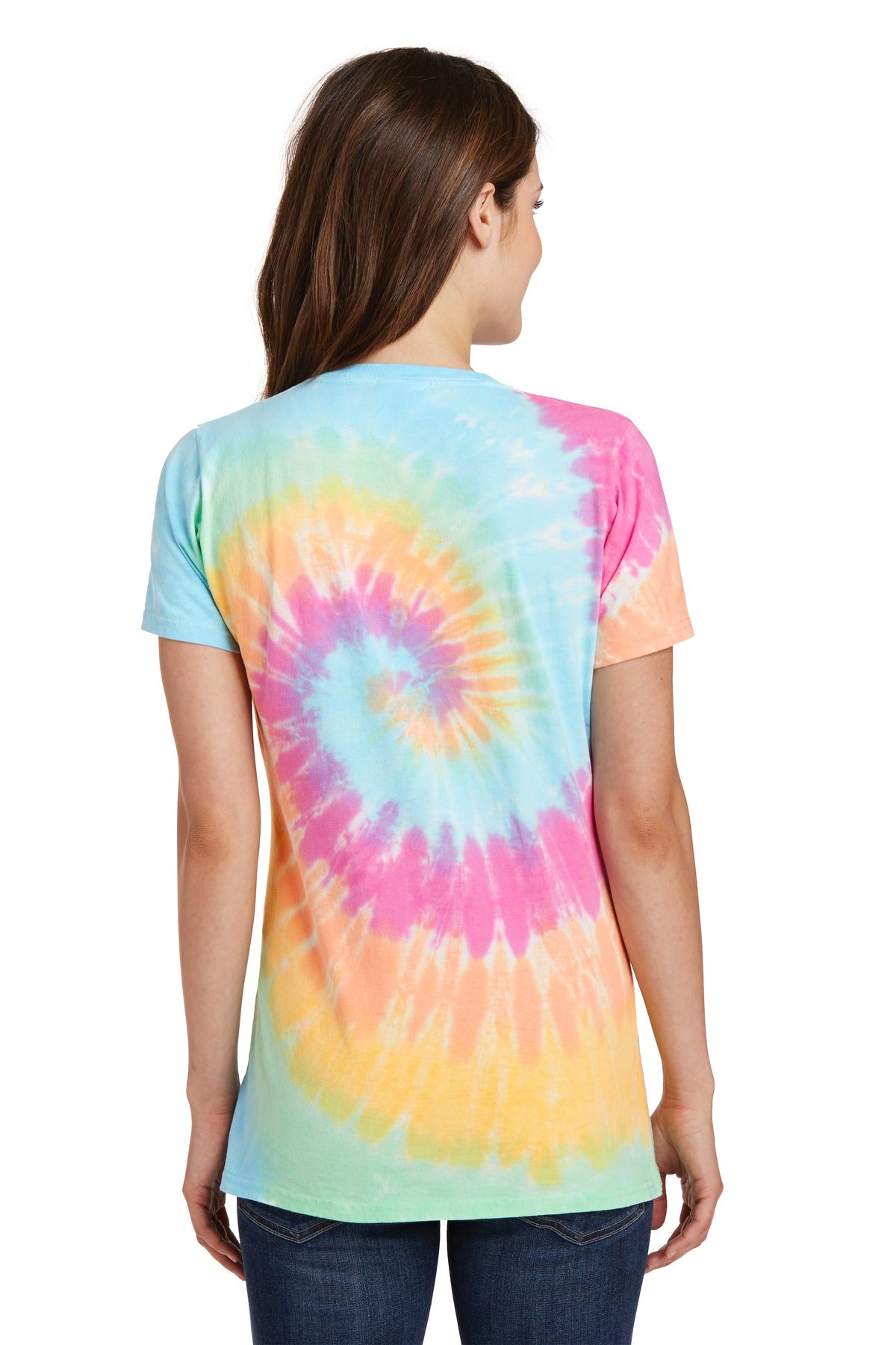 Port & Company Women's Tie-Dye V-Neck Tee.  LPC147V Pastel Rainbow