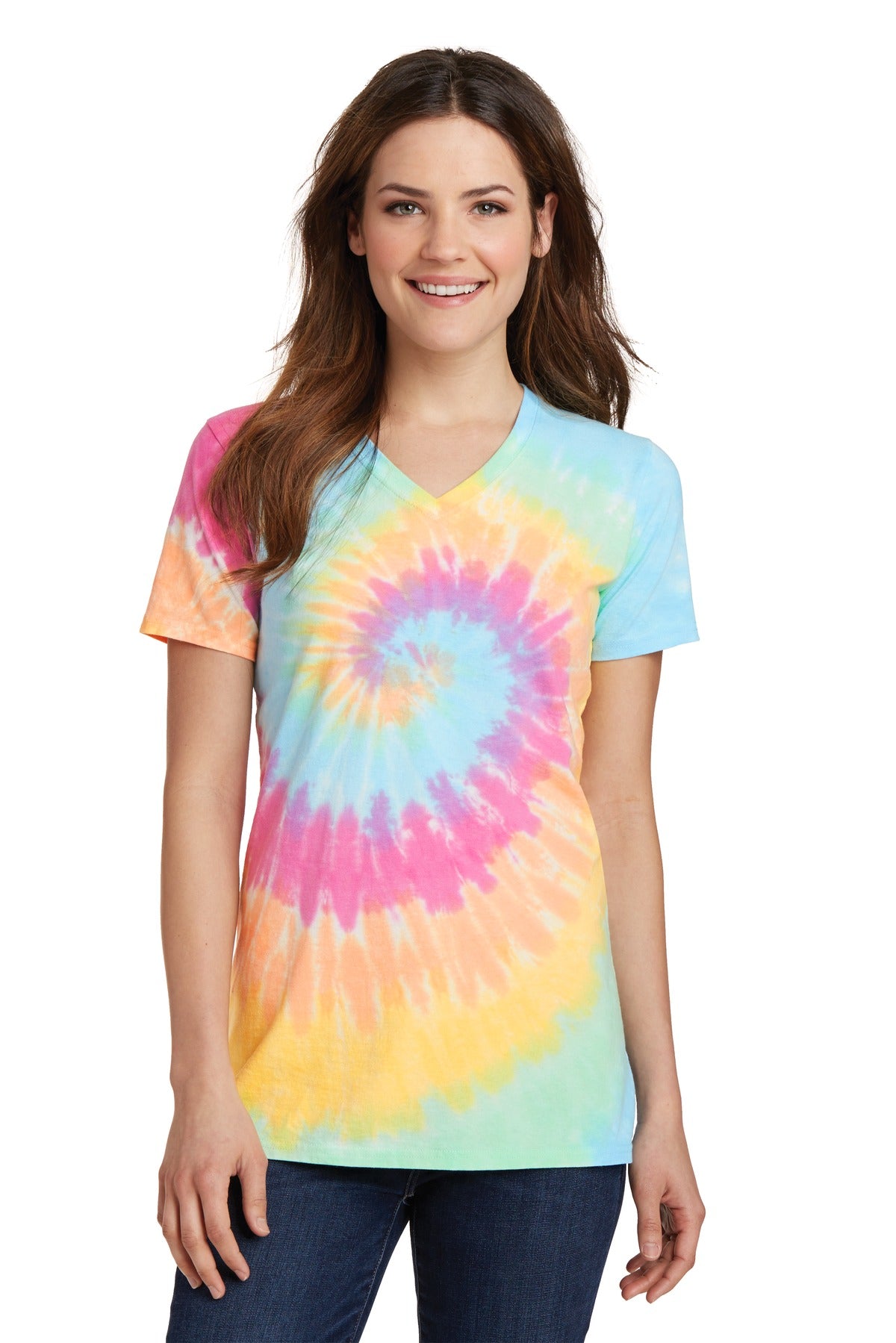Port & Company Women's Tie-Dye V-Neck Tee.  LPC147V Pastel Rainbow