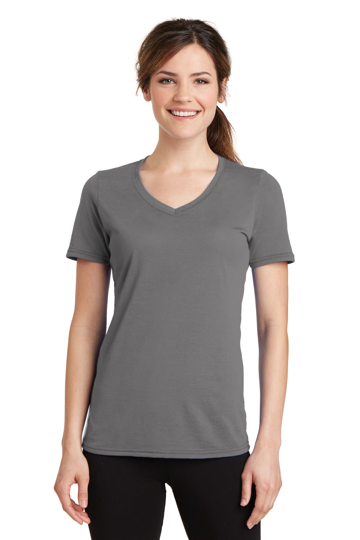 Port & Company Women's Performance Blend V-Neck Tee. LPC381V Medium Grey