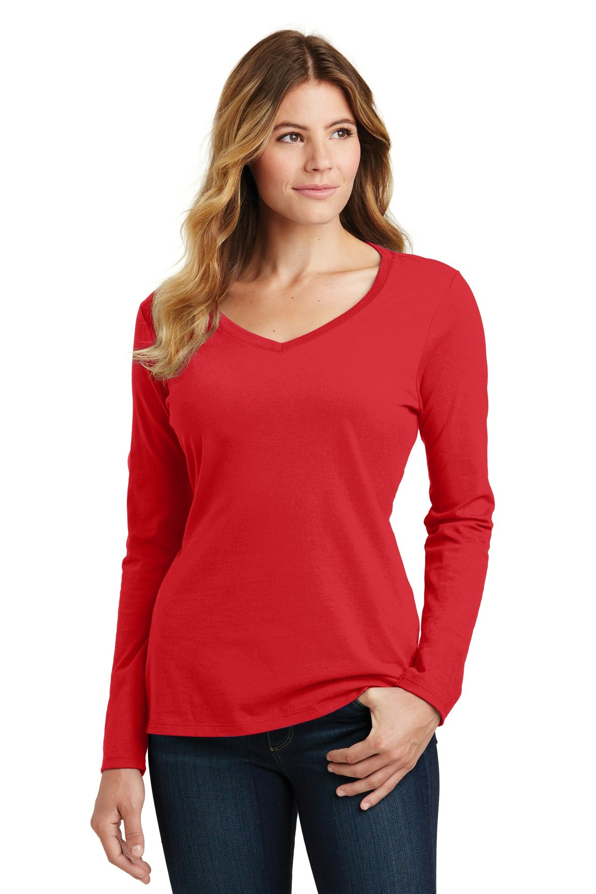 Port & Company Women's Long Sleeve Fan Favorite V-Neck Tee. LPC450VLS Bright Red