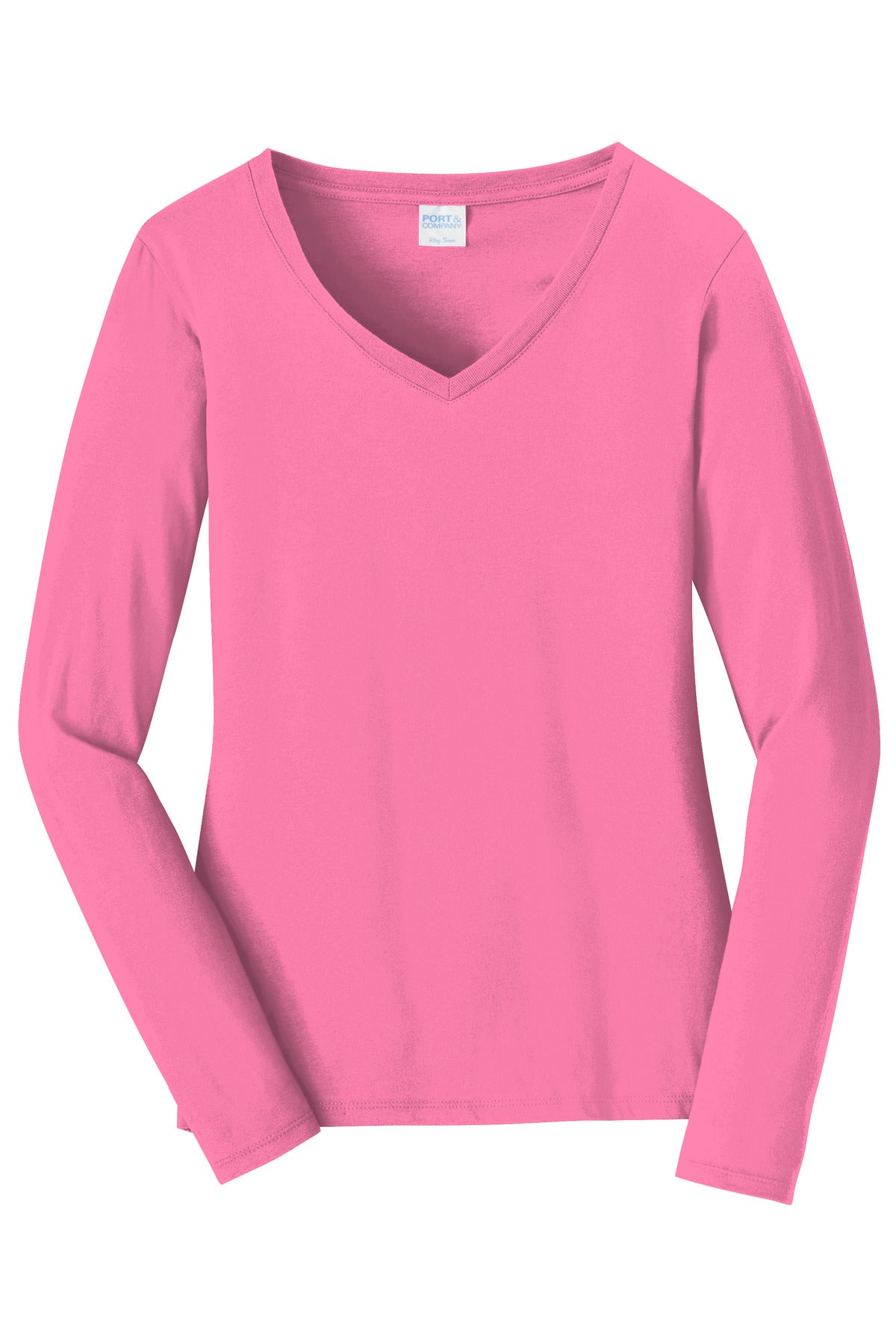 Port & Company Women's Long Sleeve Fan Favorite V-Neck Tee. LPC450VLS New Pink