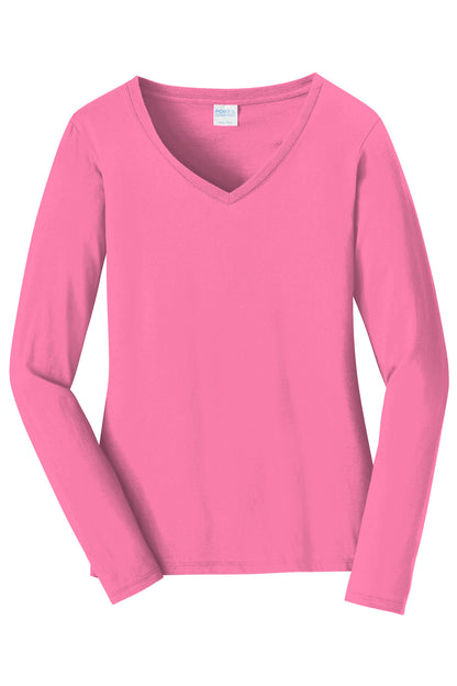 Port & Company Women's Long Sleeve Fan Favorite V-Neck Tee. LPC450VLS New Pink