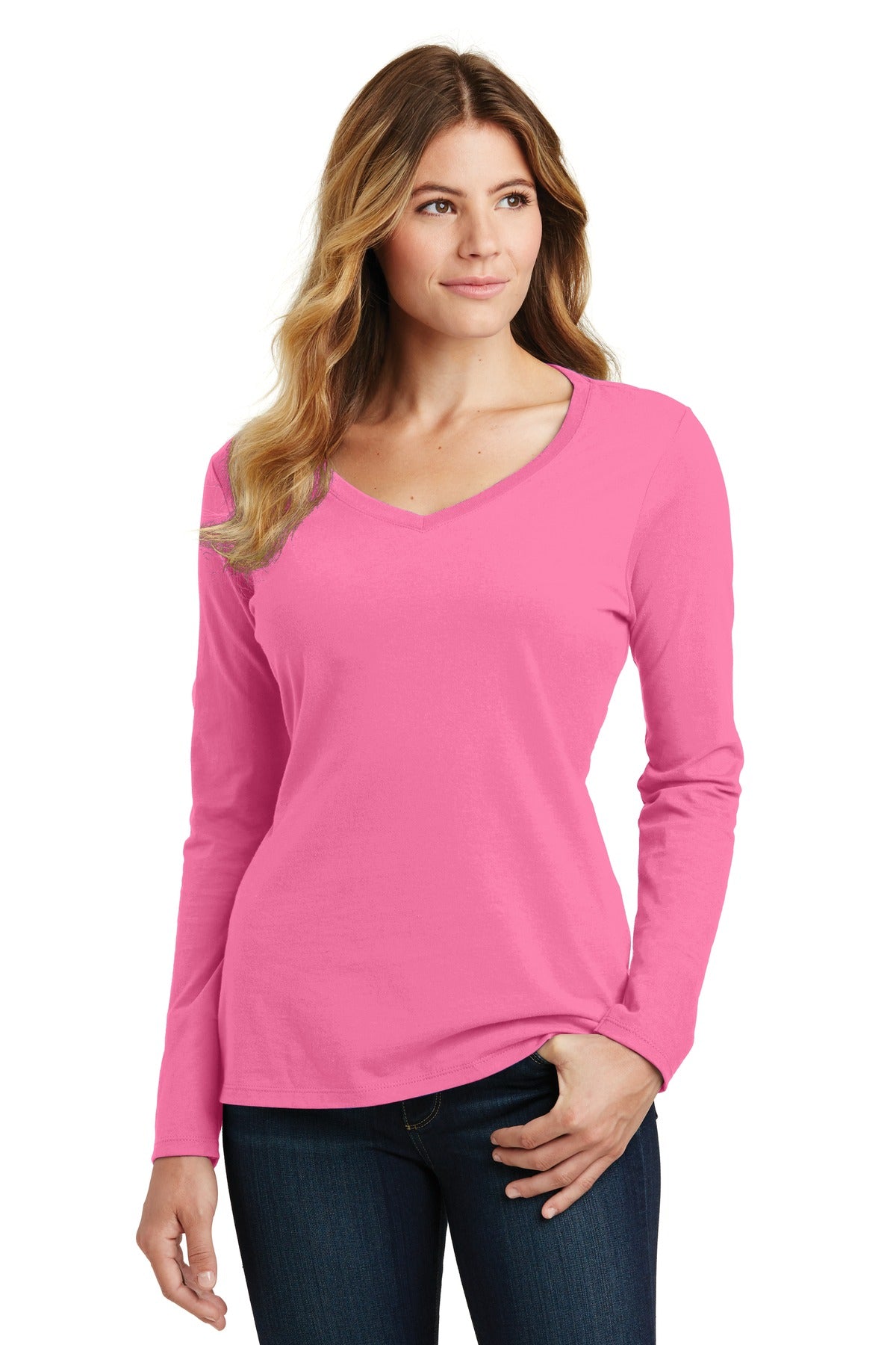 Port & Company Women's Long Sleeve Fan Favorite V-Neck Tee. LPC450VLS New Pink