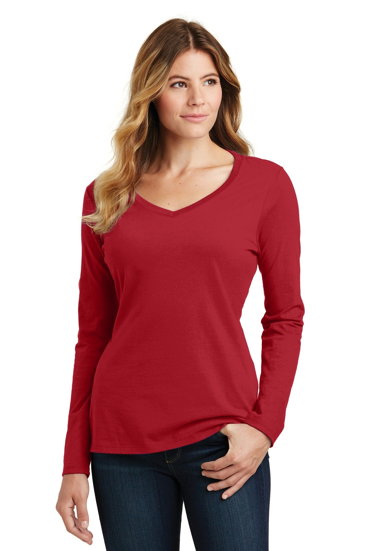 Port & Company Women's Long Sleeve Fan Favorite V-Neck Tee. LPC450VLS Team Cardinal