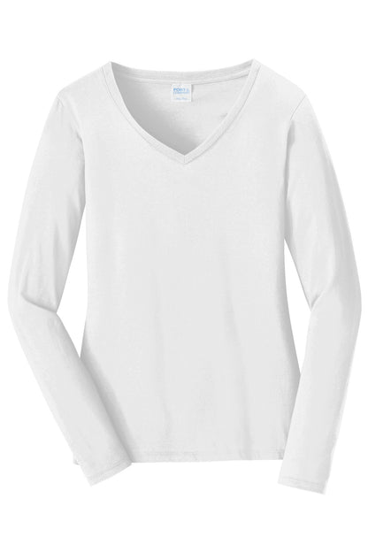 Port & Company Women's Long Sleeve Fan Favorite V-Neck Tee. LPC450VLS White