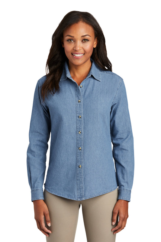 Port & Company Women's Long Sleeve Value Denim Shirt.  LSP10 Faded Blue