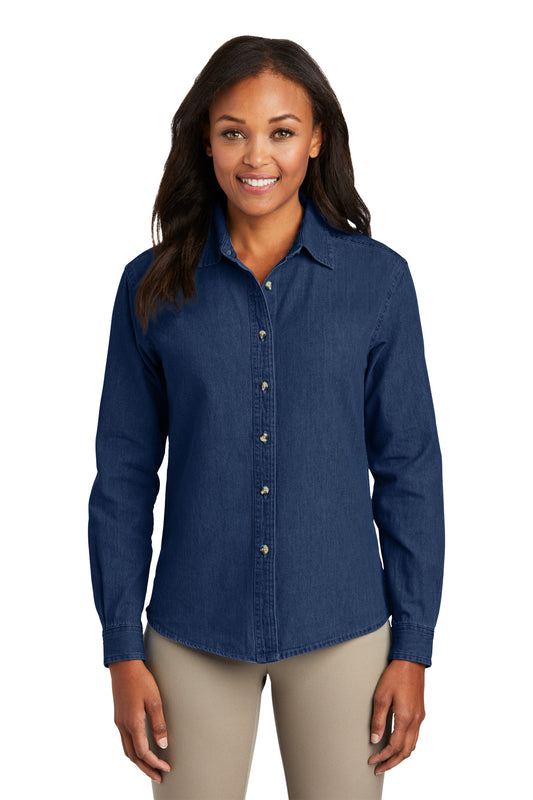 Port & Company Women's Long Sleeve Value Denim Shirt.  LSP10 Ink Blue