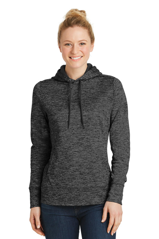 Sport-Tek Women's PosiCharge Electric Heather Fleece Hooded Pullover. LST225 Grey Black Electric